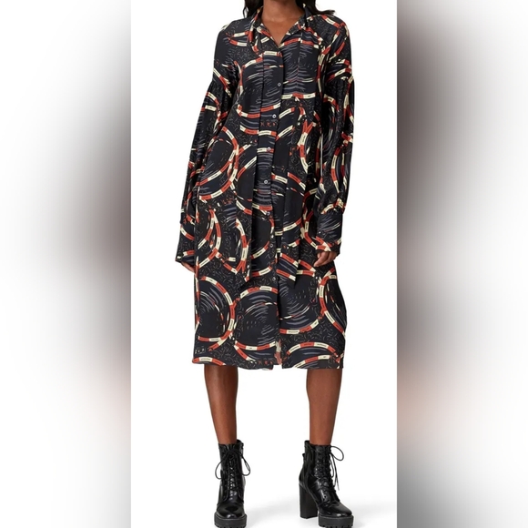 rokh Size 2-4 Silk Scarf Midi Shirtdress Blue Classic Chain Link Abstract Print - Picture 7 of 16